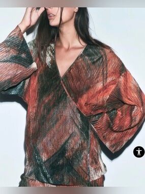 Zara Olive & Rust Marbled  Printed Pleated Kimono Top Small